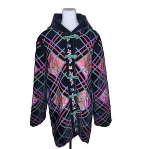 Vintage 90s Hooded Embroidered Chinese Heavy Coat Womens Size XXL Black